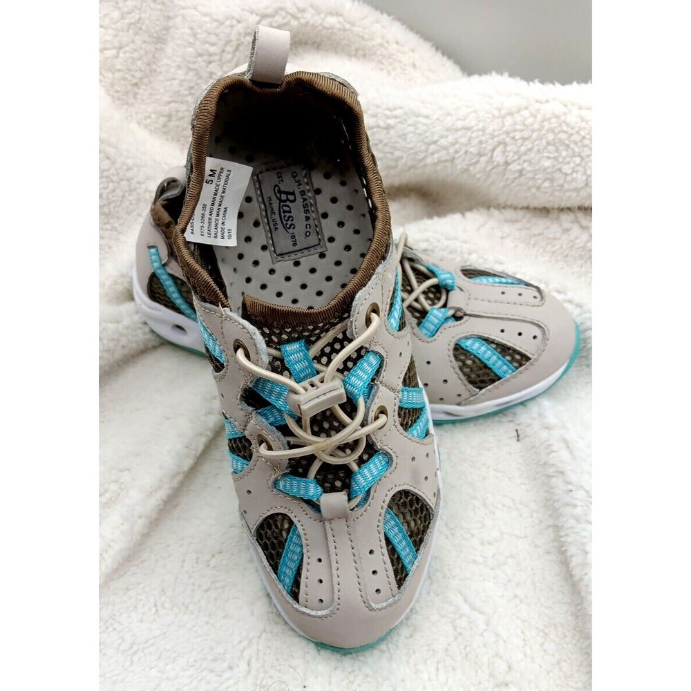 NEW G.H Bass Women's Leather Tennis Shoes Size 5 M Elastic Lacings - tan/aqua